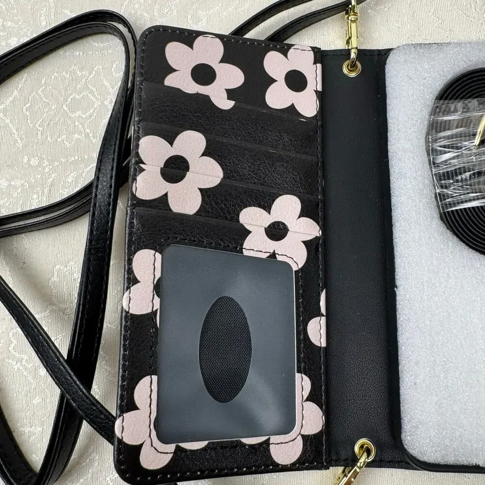 Samsung Galaxy Phone S25 Ultra Wallet Case Black Pink Flowers w/ Wrist Strap